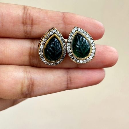 Handmade Brass Metal Jewellery Green Teardrop Studs